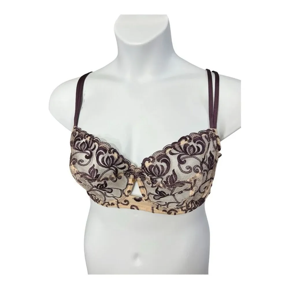 Cacique Purple Lace Sheer Balconette Bra Plus Size 40DD Underwire Embroidered